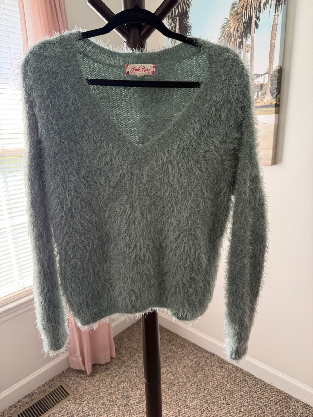 Pink Rose Fuzzy V-Neck Sweater in Sage Green
